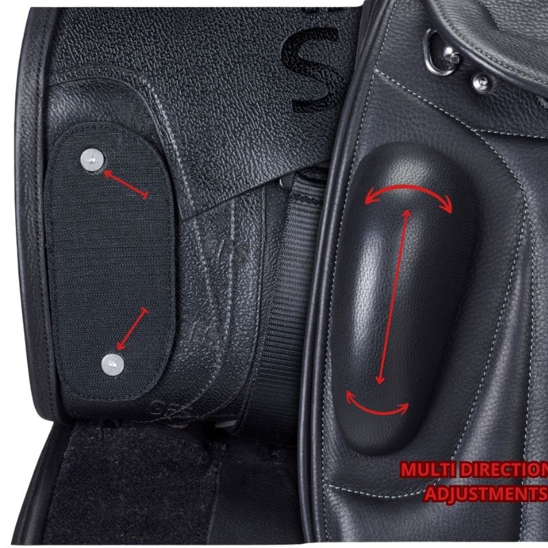 Zwart Premier dressuurzadel verstelbare kniewrong close up