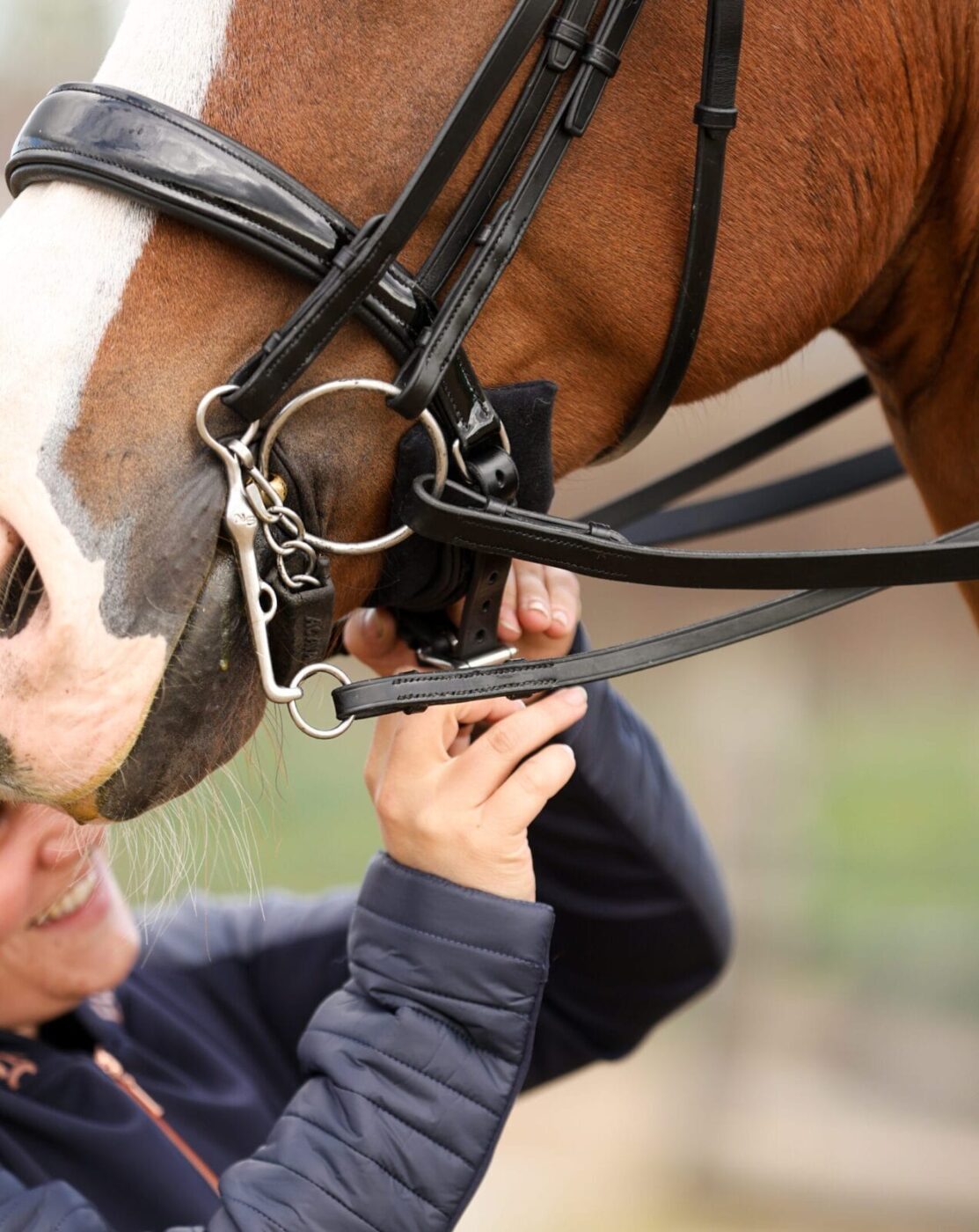 Bridlefitting neusriem aanpassen op paard detail van voor
